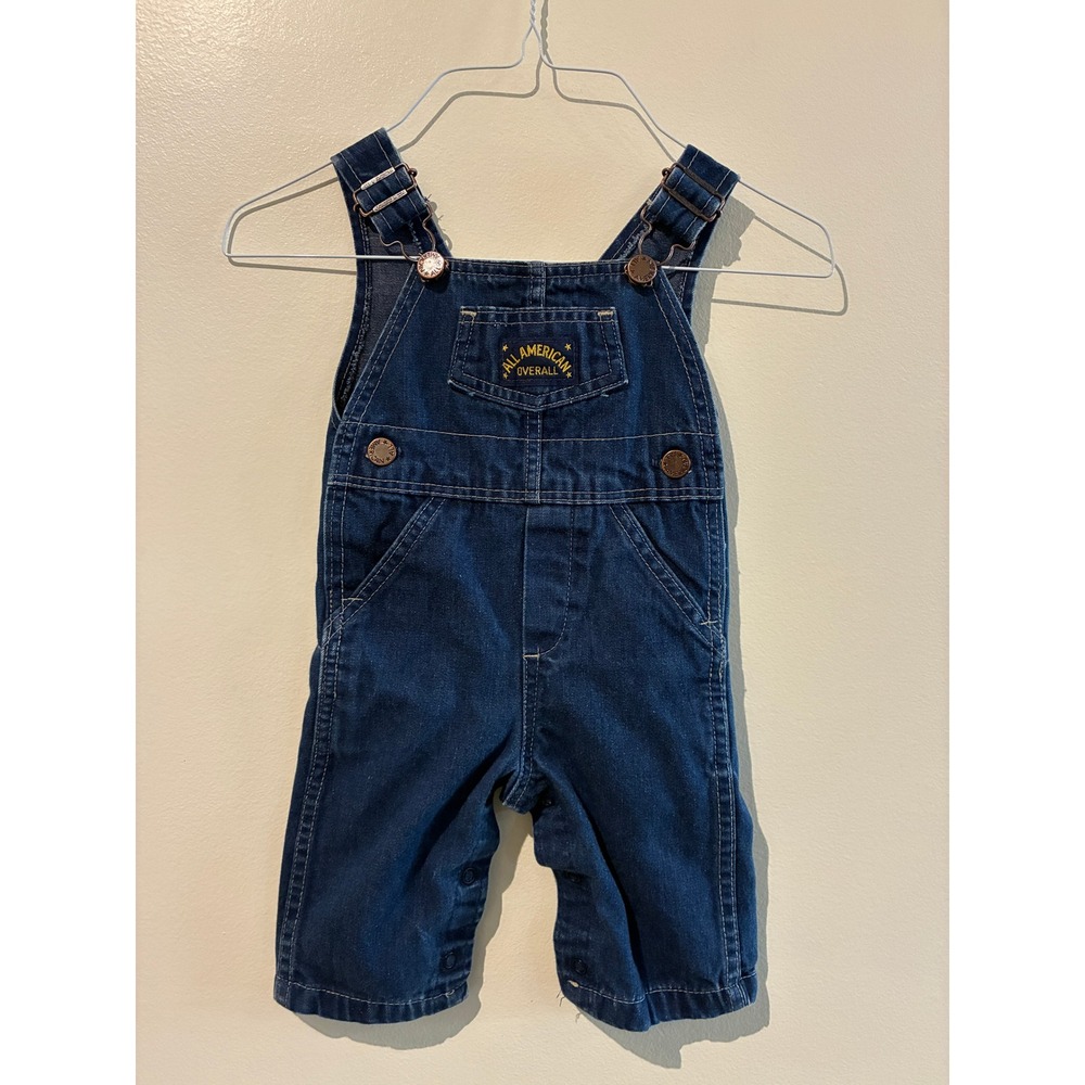 Vintage Health-tex Kids Dark Wash Denim Overalls All American Patch 6 Months